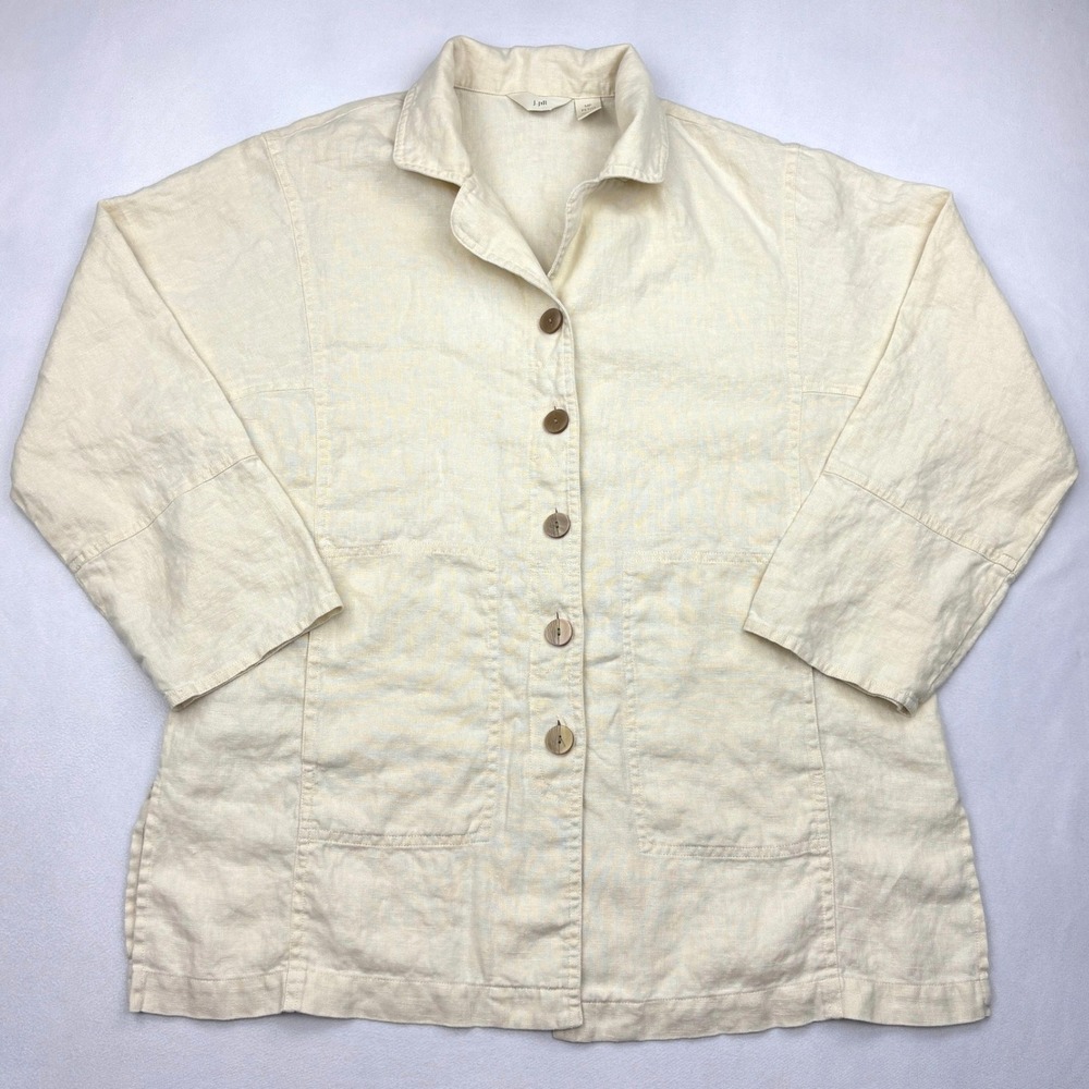 J Jill Womens MP Beige 100 Linen Button Front Safari Utility Chore Jacket Coat
